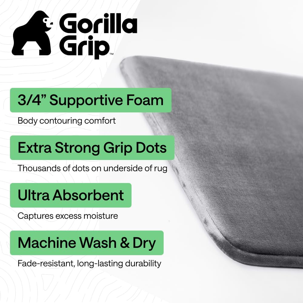 Gorilla Grip® Memory Foam Bath Rugs, Soft Absorbent Velvet Bathroom Mats, Durable Dots On Underside, Machine Washable Bathmat, Carpet Rug Room Decor For Shower Floor, 24X17 Mat, Graphite Gray