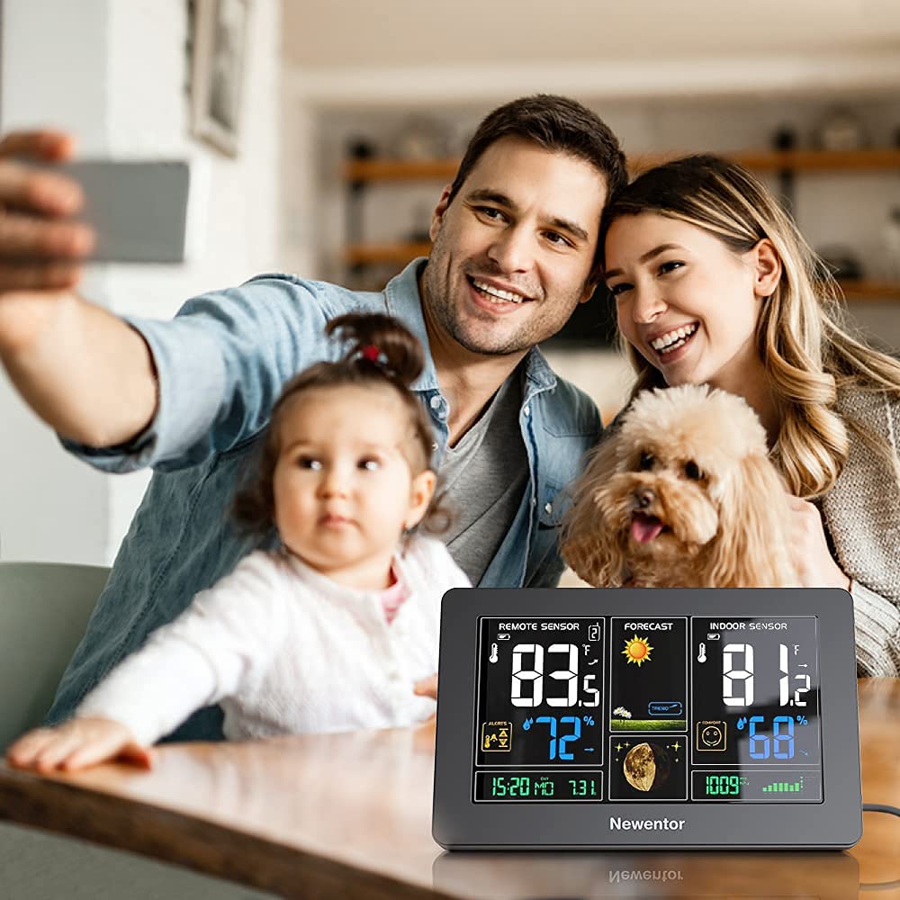 Newentor Weather Station Wireless Indoor Outdoor Thermometer, Color Display Digital Weather Thermometer With Atomic Clock, Barometric Pressure, Forecast Station With Adjustable Backlight, Black