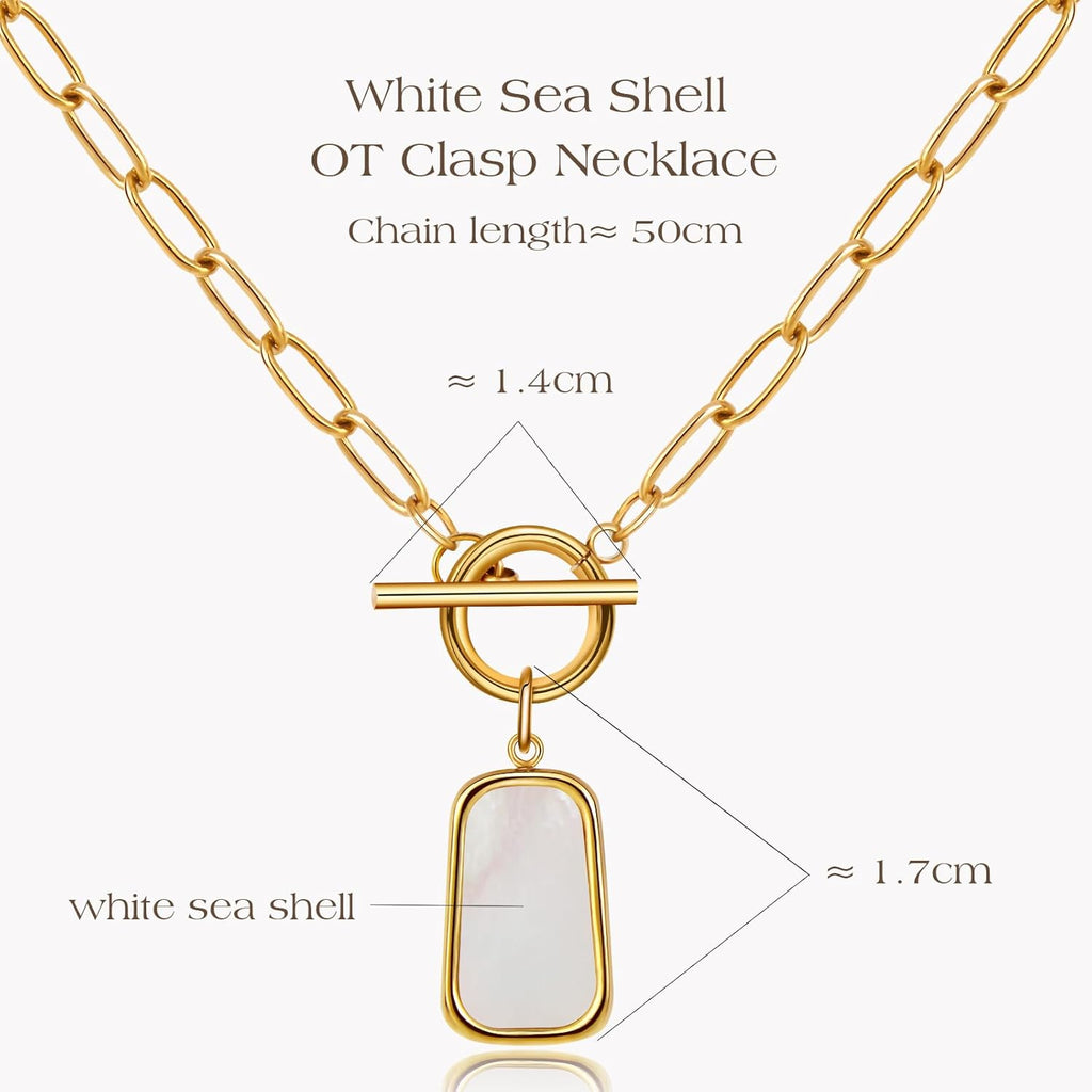 Natural White Sea Shell OT Clasp Long Plate Pendant Necklace For Women Trendy Elegant in Color and Luster Titanium Steel Electroplated with 18K Gold Necklace