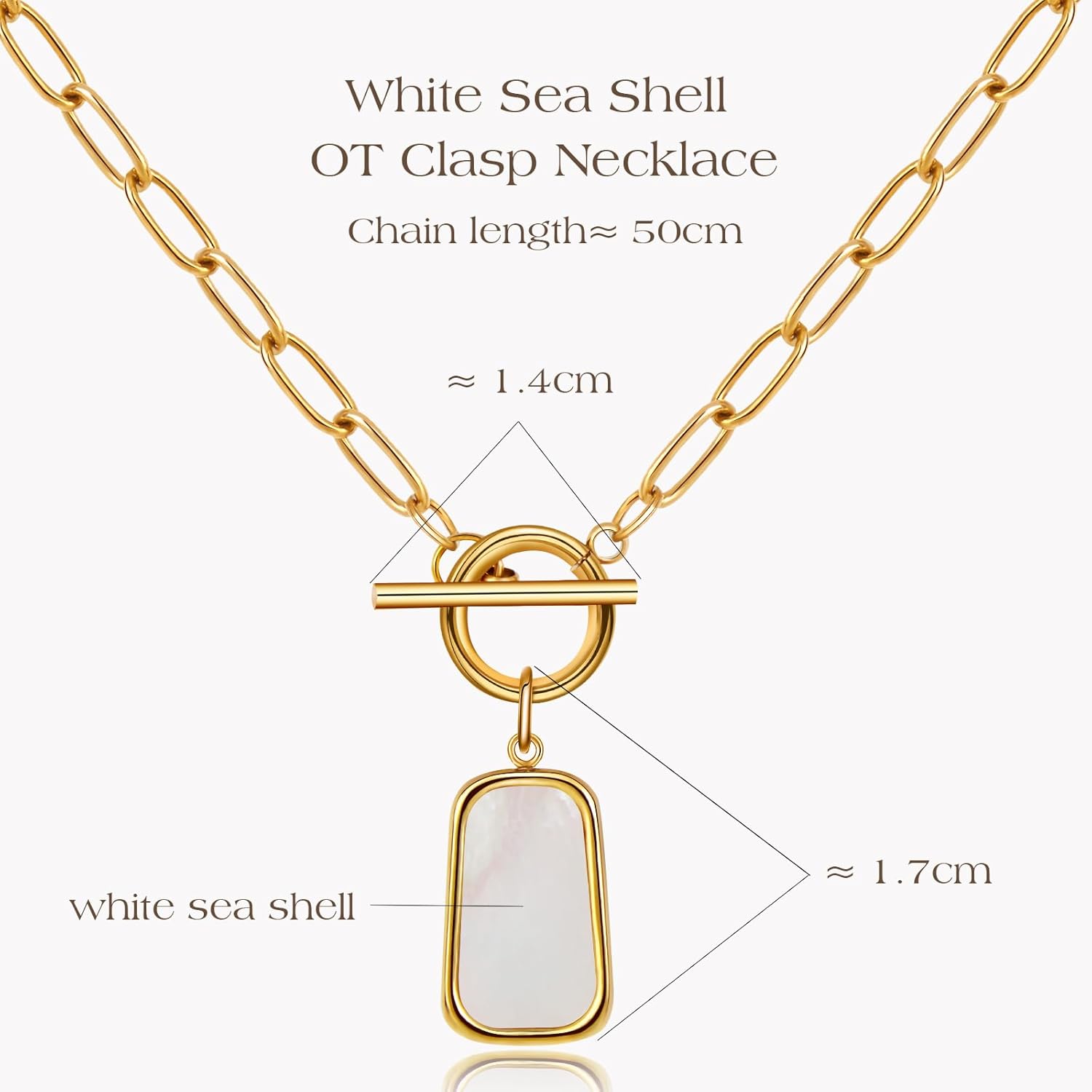 Natural White Sea Shell OT Clasp Long Plate Pendant Necklace For Women Trendy Elegant in Color and Luster Titanium Steel Electroplated with 18K Gold Necklace