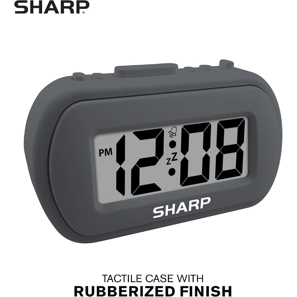 Sharp Digital Alarm Clock – Tactile Plastic Case With Soft Rubberized Finish - Battery Operated – Blue Backlight On Demand – Ascending Alarm – Easy To Use – Charcoal Black