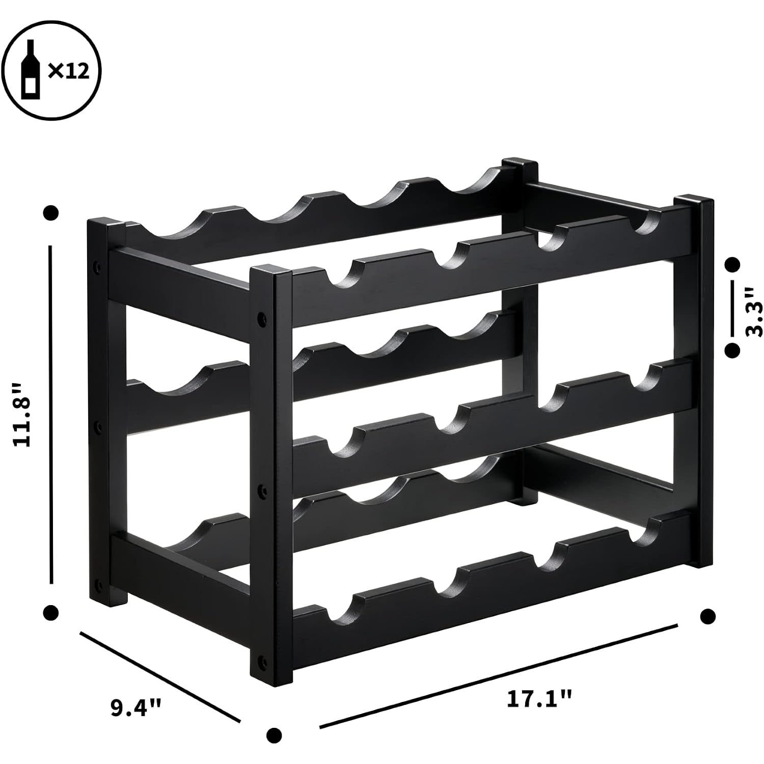 Vasmia Bamboo Wine Rack, Sturdy And Durable Wine Storage Cabinet Shelf, Wine Racks Countertop For Pantry,Kitchen,3-Tier 12 Bottles Wine Rack Black