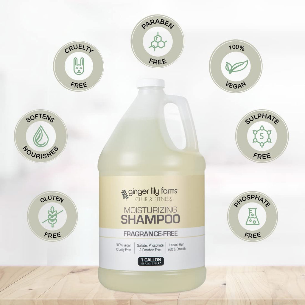 Ginger Lily Farms Club & Fitness Moisturizing Shampoo For All Hair Types, 100% Vegan & Cruelty-Free, Fragrance Free, 1 Gallon (128 Fl Oz) Refill