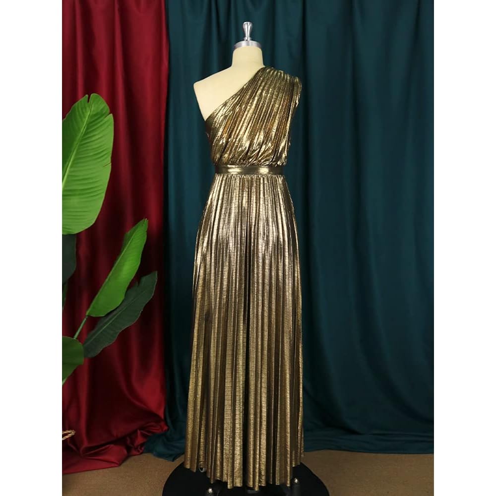 Aomei Women'S Luxury Metallic One Shoulder Sleeveless Elegant Pleated Long Dress