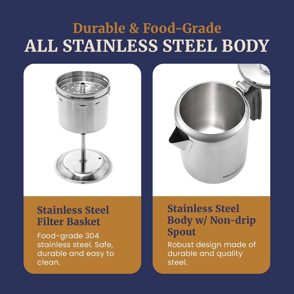 Elite Gourmet Ec008 Classic Stovetop Coffee Percolator, Glass Clear Brew Progress Knob, Cool-Touch Handle, Cordless Serve, 8-Cup, Stainless Steel