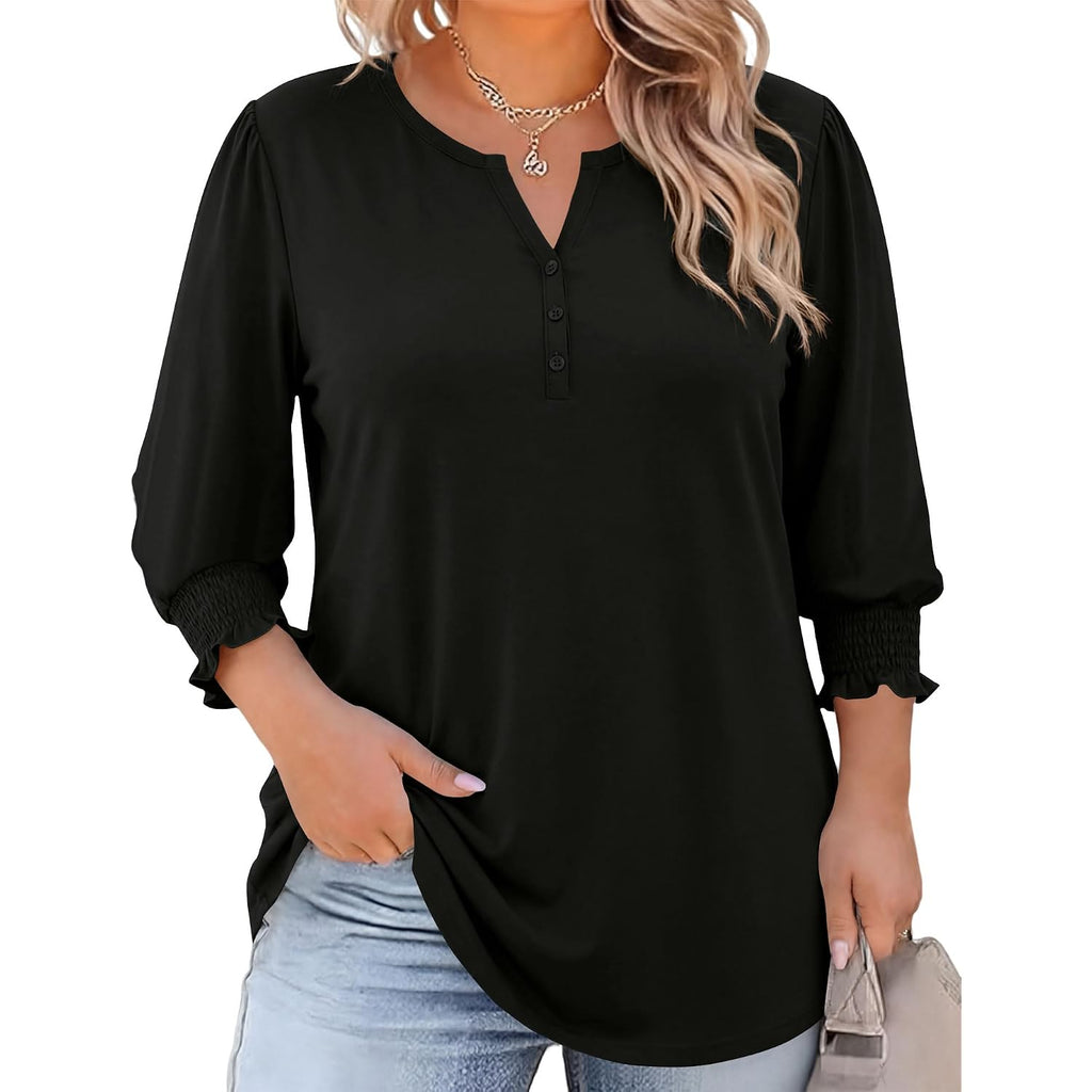 LOMON Womens Plus Size Tops 3/4 Sleeve Blouses Shirts Casual V Neck Loose Tunic Tops 1X-5X
