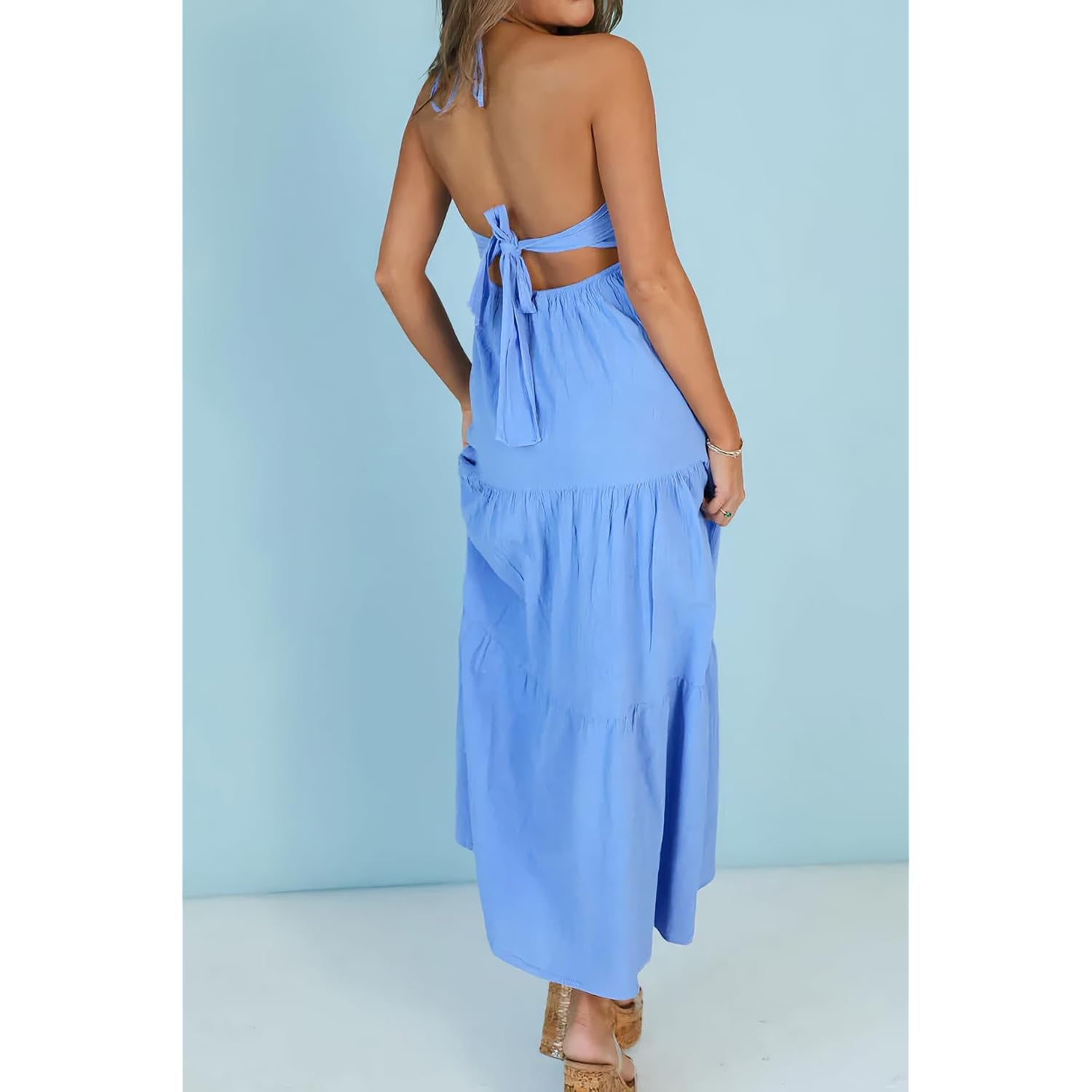 Women'S Casual Halter Tiered Vacation Maxi Dress With Pockets