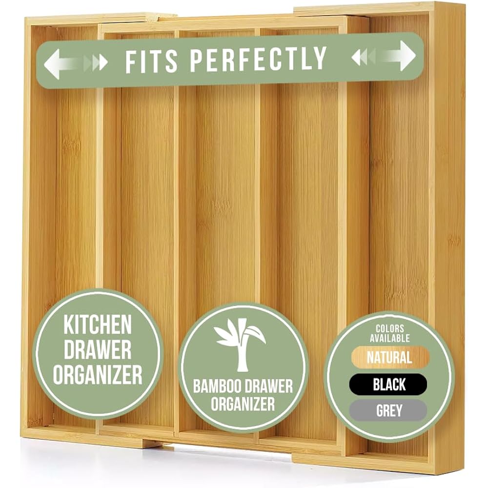 Purawood Kitchen Drawer Organizer - Expandable Utensil Drawer Organizer For Kitchen, Cutlery Tray & Silverware Organizer, 3-5 Slots - Bamboo Organizer For Utensils & Flatware (Natural)