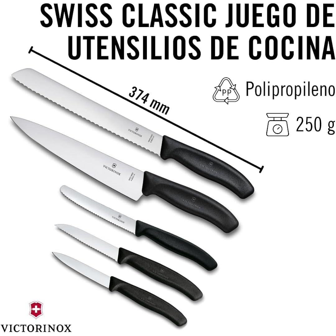 Victorinox Swiss Classic Kitchen Set, 5 Pieces - Utility & Bread Knives | Durable Ergonomic Set With Paring, Carving, And Bread Knives. Made In Switzerland, Dishwasher Safe, And Black Handles.