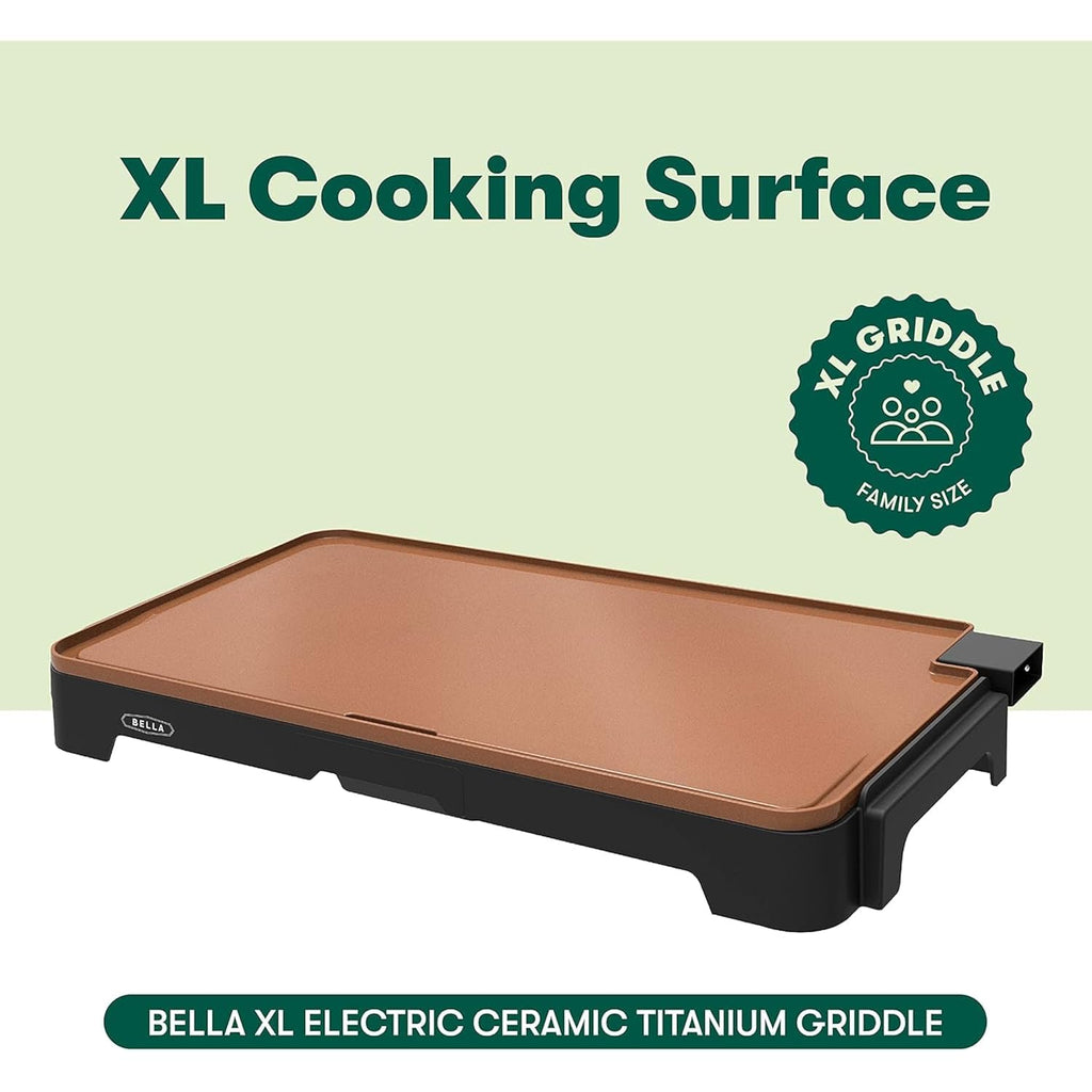 bella XL Electric Ceramic Titanium Griddle, Make 15 Eggs At Once, Healthy-Eco Non-stick Coating, Hassle-Free Clean Up, Large Submersible Cooking Surface, 12" x 22", Copper/Black