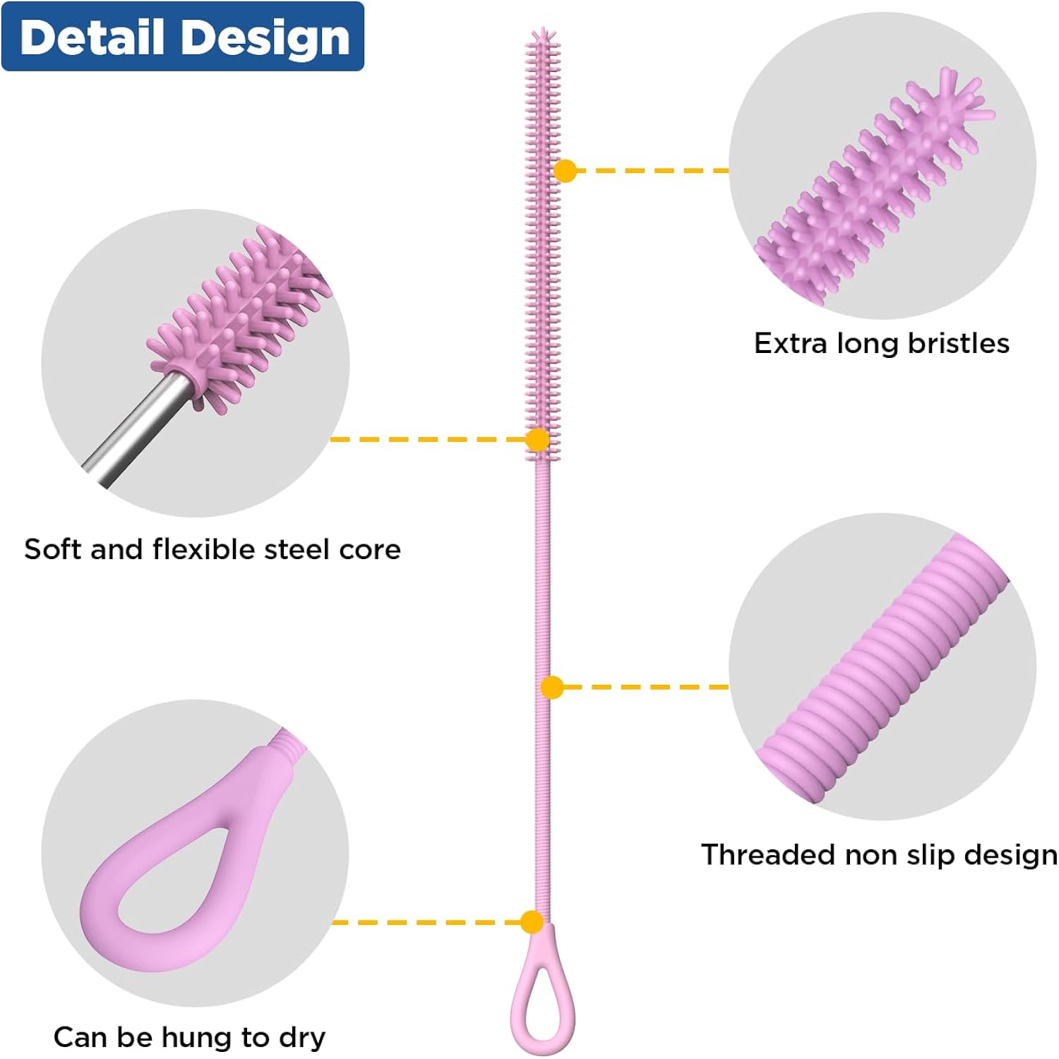 Silicone Straw Cleaner Brush, 2Pcs Reusable Straw Brush Extra Long For Cleaning Tumbler With Handle And Glass Metal Smoothie Straws, Non-Slip Handle Soft And Bendable, 6Mm+9Mm, Pink