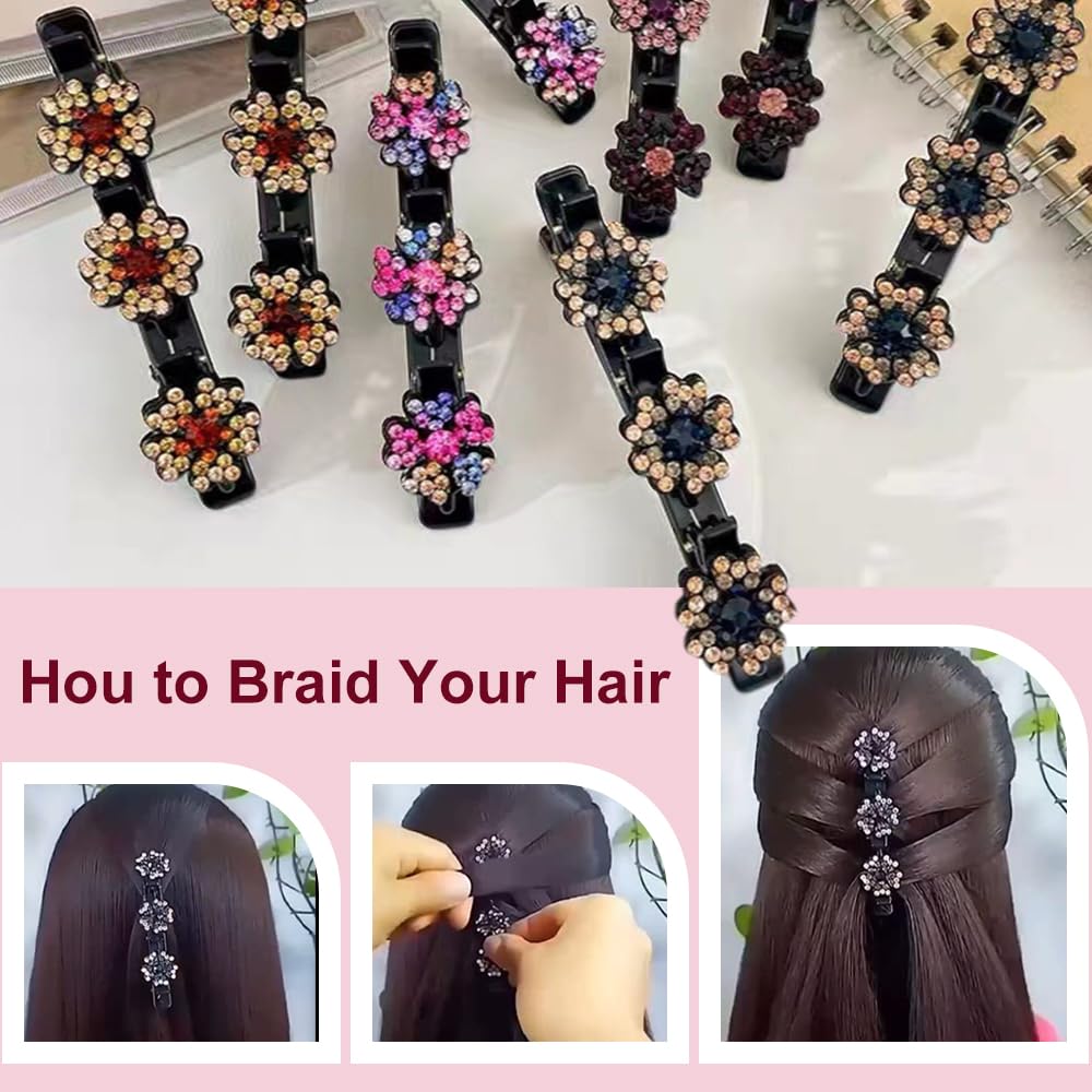 2 Pcs Sparkling Crystal Stone Braided Hair Clips, 2024 New Satin Fabric Hair Bands Rhinestone Four-Leaf Clover Hair Clip,Duck Bill Clips For Women Girls (4 Pcs)