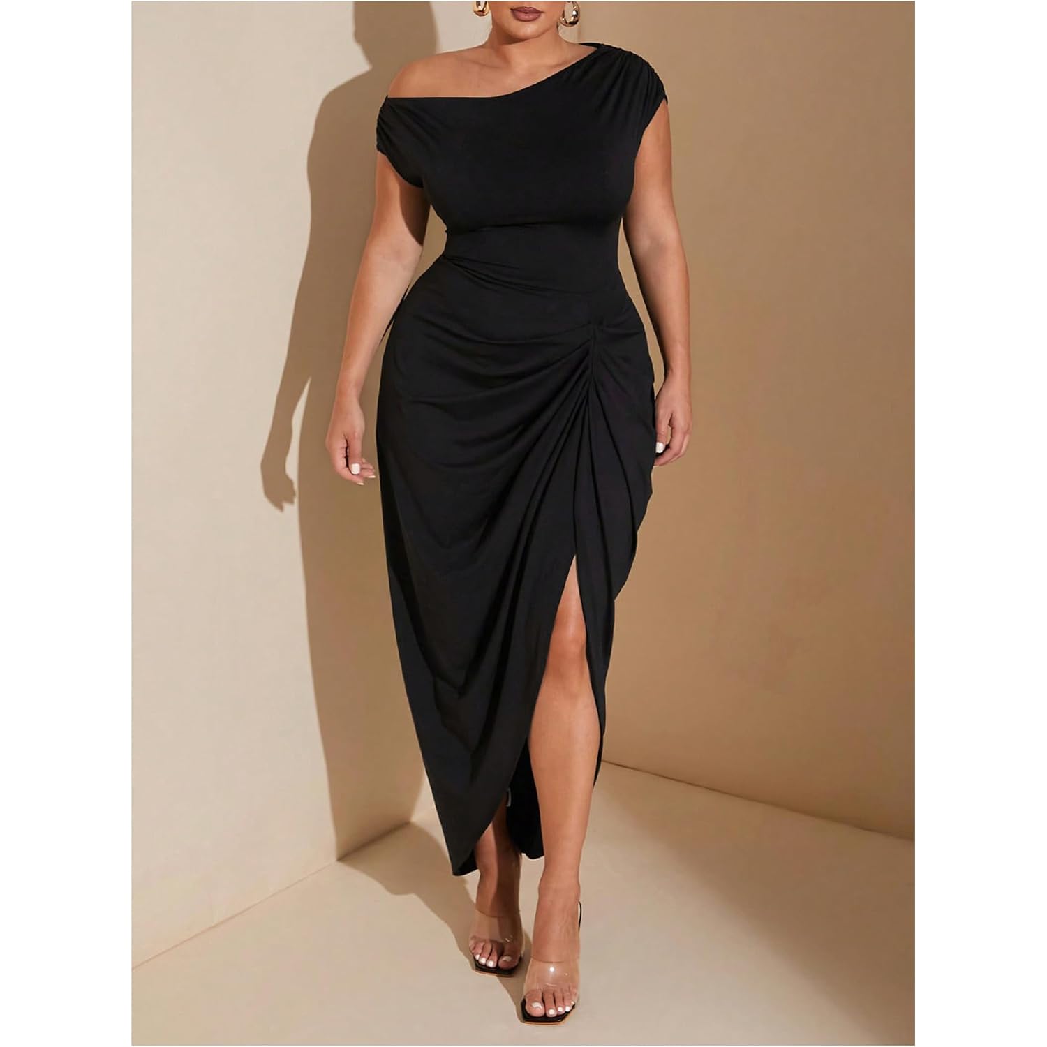 Floerns Women'S Plus Size Asymmetrical Neck Long Dress Ruched Slit Hem Cocktail Dress