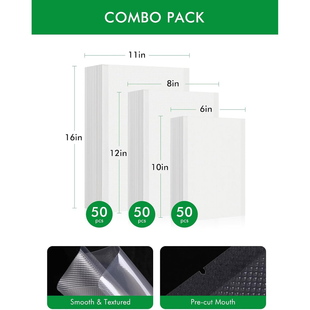 Vacuum Sealer Bags, 11"X16" Gallon, 8"X12" Quart, 6"X10" Pint, 150Pcs | Commercial Grade, Bpa Free, Sous Vide Compatible, Puncture Prevention, Kitchen Essentials