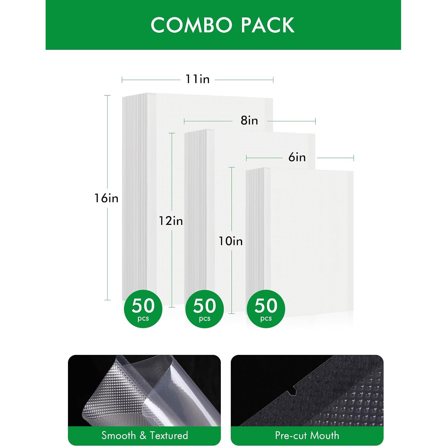 Vacuum Sealer Bags, 11"X16" Gallon, 8"X12" Quart, 6"X10" Pint, 150Pcs | Commercial Grade, Bpa Free, Sous Vide Compatible, Puncture Prevention, Kitchen Essentials