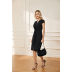 Women's Summer Midi Dresses Cap Sleeve Tie Waist Work Dress Slit V-Neck Bodycon Dress Business Casual Outfits