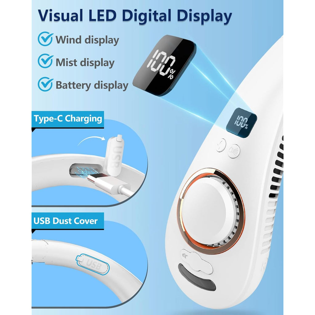 Portable Neck Fans With Mist, Rechargeable 4-9H Lasting Neck Cooling That Blow Cold Air, 5 Speeds & Led Display, Usb-C Bladeless Folding Personal Mister For Kid Adult Indoor Outdoors Sports, White
