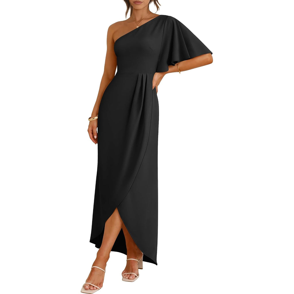 Anrabess Womens One Shoulder Formal Midi Dresses 2026 Summer Wrap High Slit Beach Wedding Guest Party Cocktail Maxi Dress