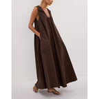 Women Sleeveless Ruched Maxi Dress Scoop Neck Long Elegant Dresses Wide Shoulder Strap Blouse Dress With Side Pockets