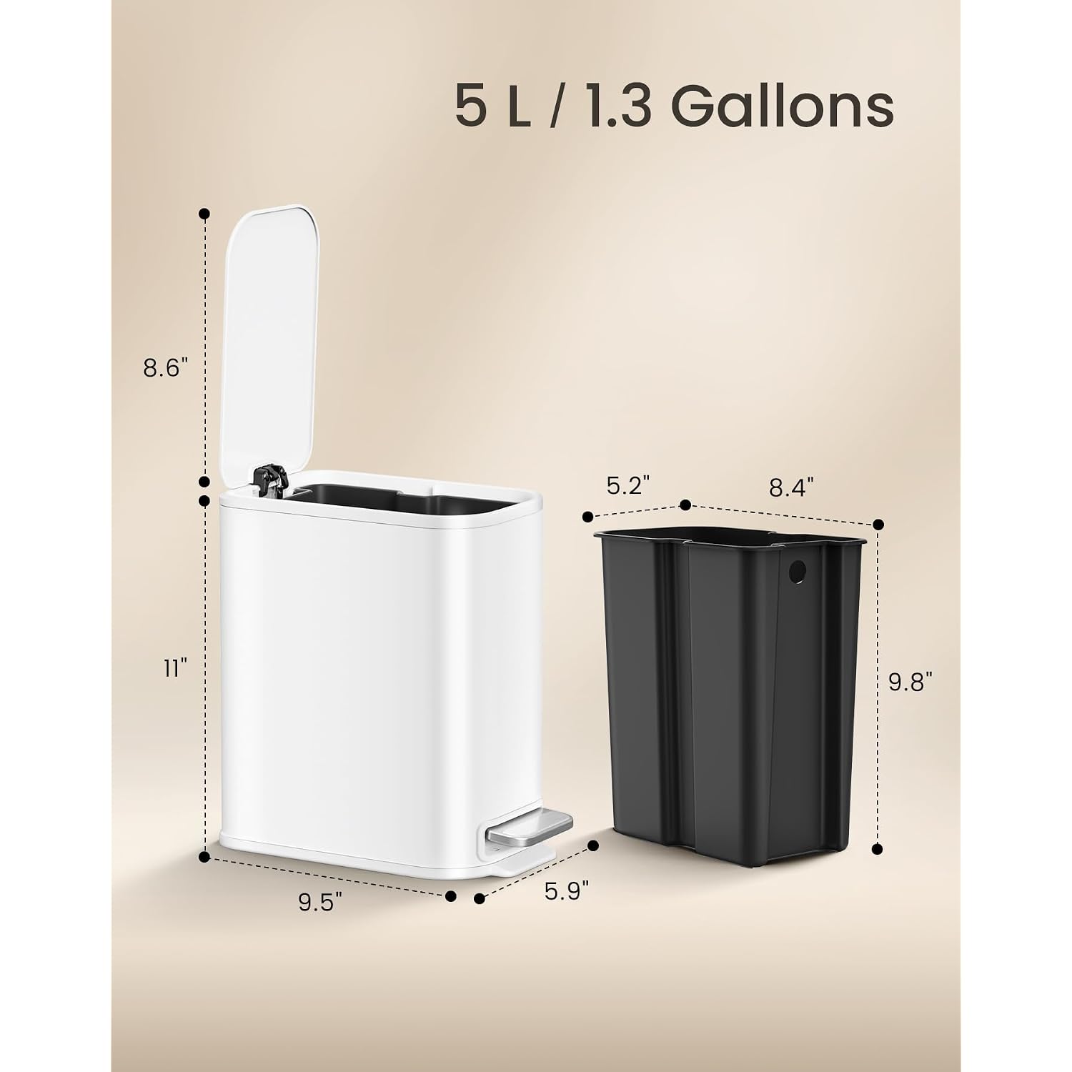 Cesun Small Bathroom Trash Can With Lid Soft Close, Step Pedal, 5 Liter / 1.3 Gallon Stainless Steel Garbage Can With Removable Inner Bucket, Waste Basket For Bathroom, Bedroom (White)