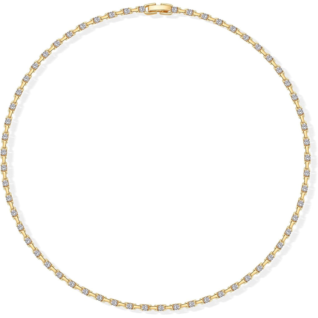 PAVOI 14K Gold Plated Simulated Diamond Tennis Necklaces for Women - Classic Tennis Chain - Timeless Station Round and Pear Cubic Zirconia Stones Choker Necklace