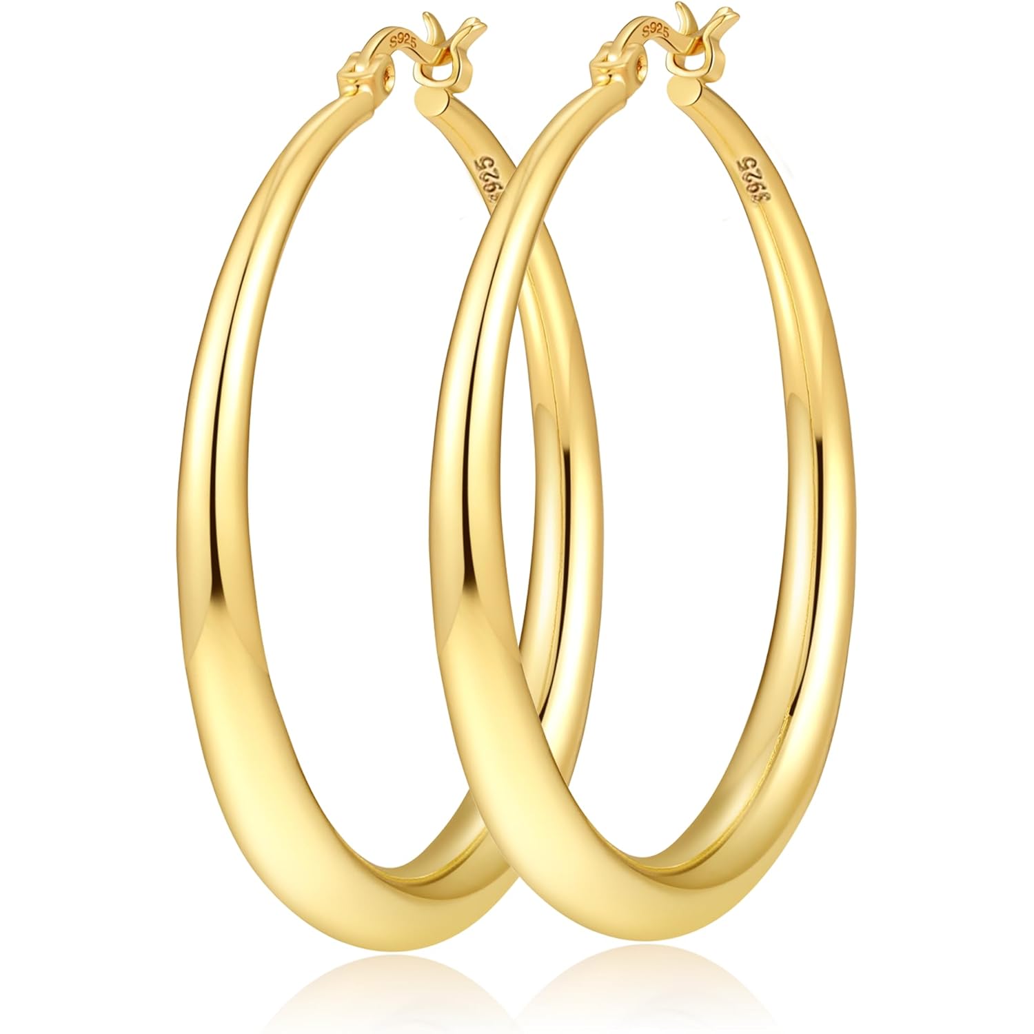 Silver Hoops Earrings for Women Hypoallergenic 925 Sterling Silver 14K Gold Plated Hoop Earrings Lightweight Large Thick Hollow Tube Hoop Earrings 30/40/50/60MM