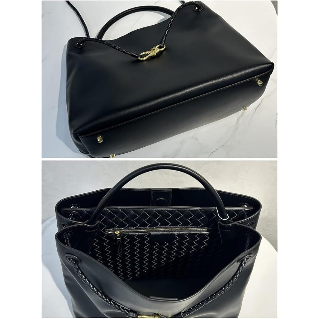 Minimalist Luxury Top Grain Leather Tote Bag,Designer Style, Woven Shoulder Strap Bow Metal Hardware Annual New