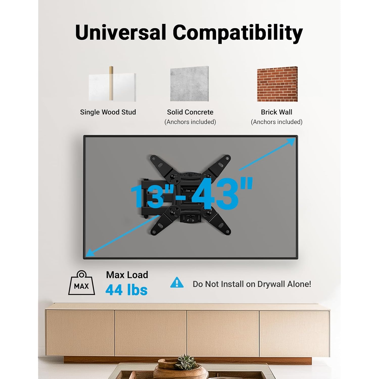 Pipishell Full Motion TV Wall Mount for Echo Show 21/15 and 13-43 Inch Flat Curved Screen TVs & Monitors, Max VESA 200x200mm up to 44lbs, TV Mount Wall Bracket with Rotation Swivel Tilt Extension