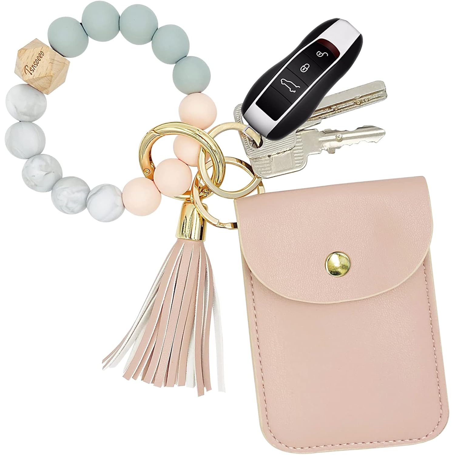 Keychain Wallet Wristlet Small Credit Card Holder Bracelet Key Chain Purse Bangle Tassel Beads Key Rings for Women