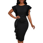 Womens Short Ruffle Sleeve Church Dress 50S Vintage Crew Neck Bodycon Work Pencil Midi Dress