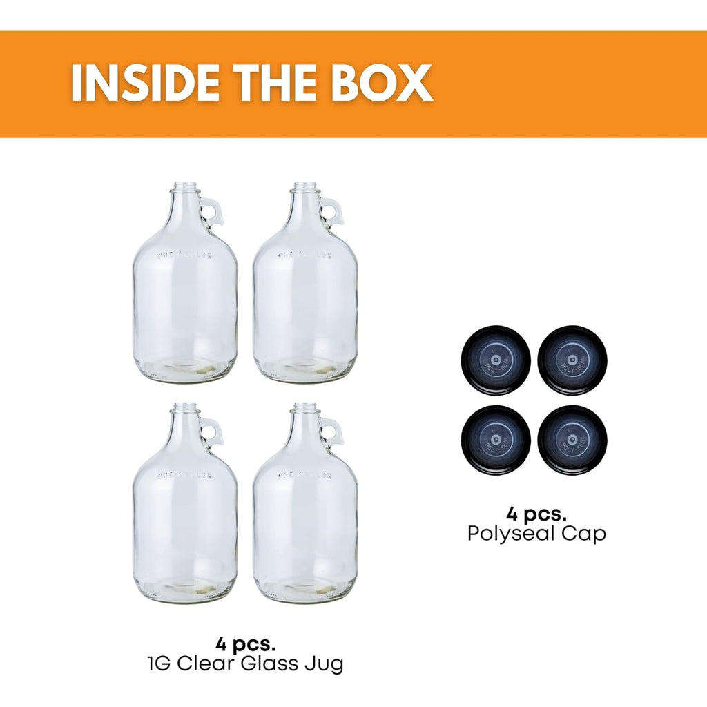 Fastrack 4-Pack 1 Gallon Glass Jug Set (128 oz) w/ Polyseal Caps | Multipurpose 1 Gallon Jug, & Detergent Dispenser for Laundry, Glass Jar for Liquids, Water & Juice