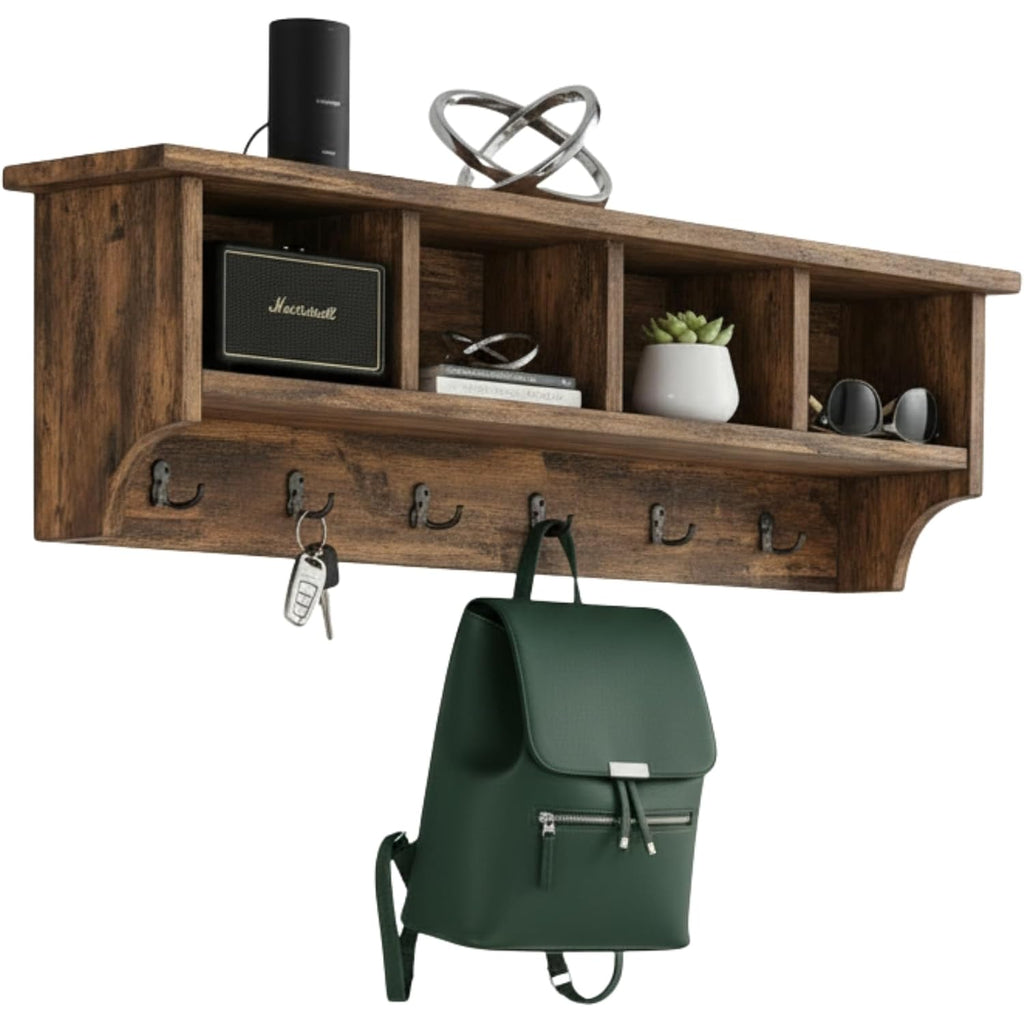 Pomona Solid Wood Entryway Coat Rack With Cubbies, Rustic Brown, 48 Inch | Wall-Mounted Coat Rack With 6 Double Hooks And 4 Open Cubbies, Rustic Farmhouse Mudroom Storage By Alaterre Furniture