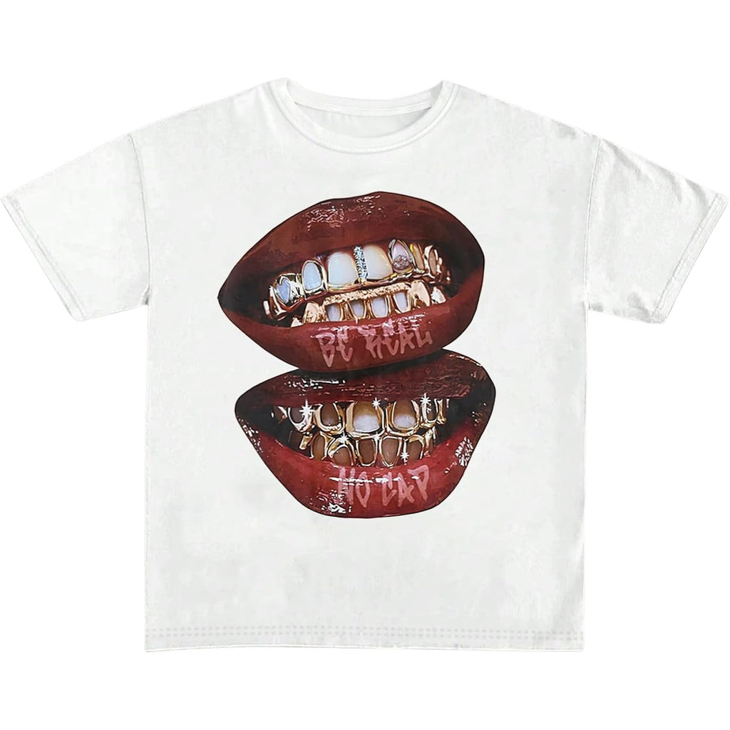 Verdusa Graphic Tees for Women Lips Print 2000s Clothing Short Sleeve Graphic T Shirts Y2k Going Out Tops White