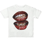 Verdusa Graphic Tees for Women Lips Print 2000s Clothing Short Sleeve Graphic T Shirts Y2k Going Out Tops White