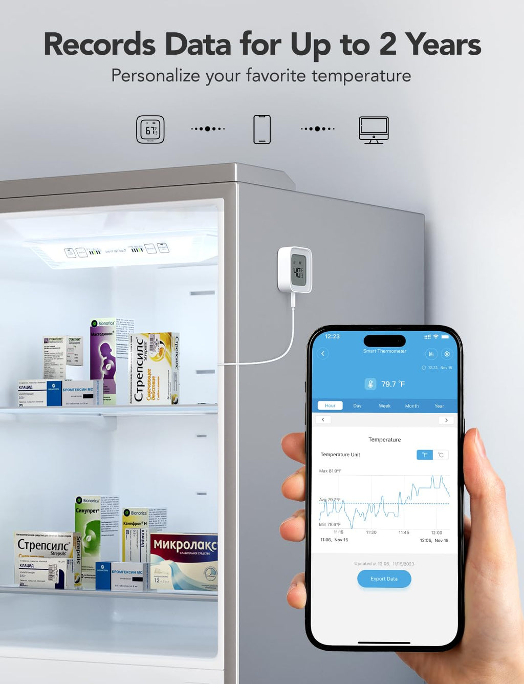 Goveelife Wifi Refrigerator Thermometer 2-Pack With Gateway & Lcd Display | Freezer Alarm Fridge Monitor With App Alerts & Anti-False, 197Ft Range, 2-Yr Data Export. For Freezer/Fish Tank/Hot Tub