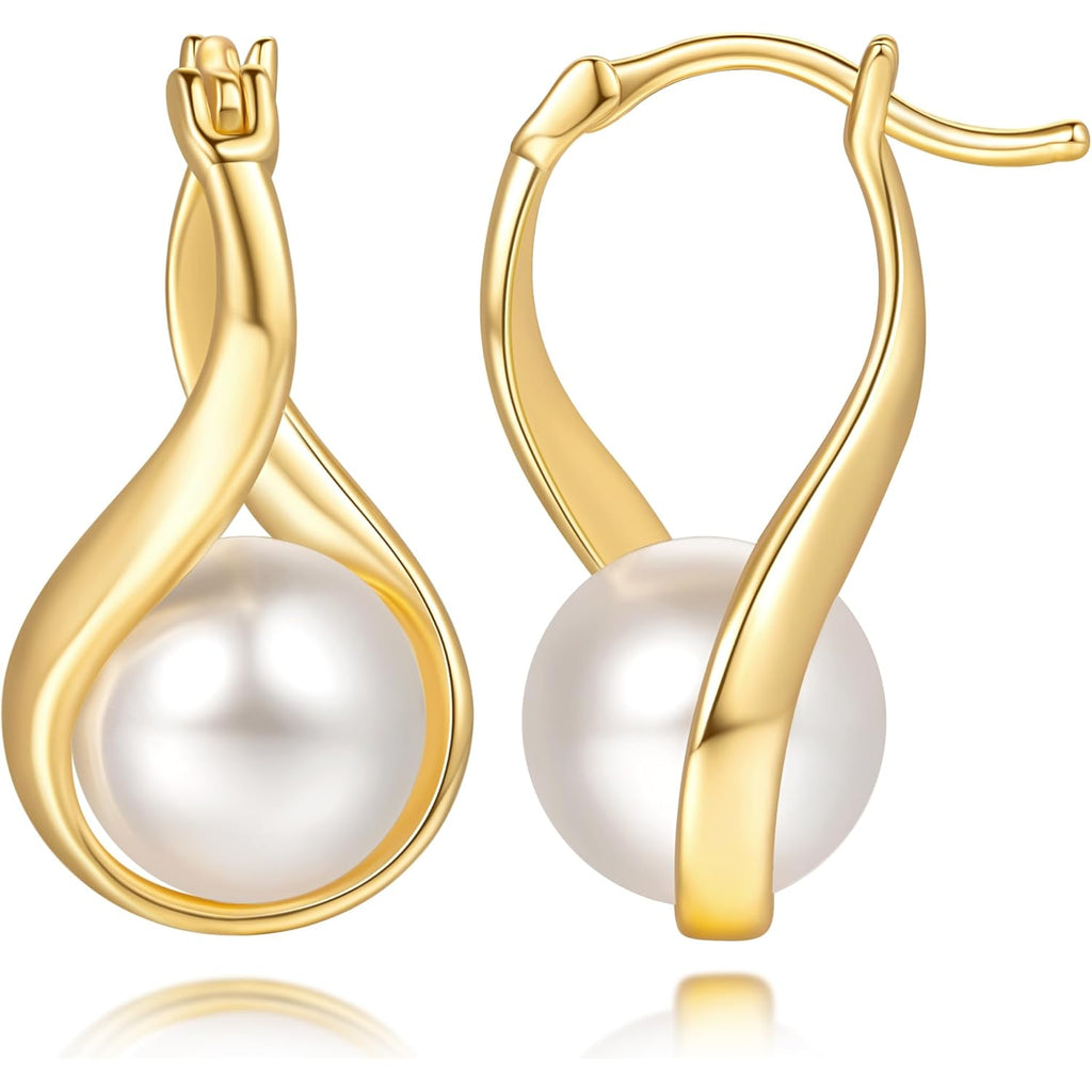 14K Gold Earrings for Women Gold Hoop Earrings Pearl Earrings for Women Hoop Solitaire Teardrop-Shaped with Twisted Lines Eye-catching Pearl Drop Dangle Hoops Earring for Womens 24mm