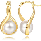 14K Gold Earrings for Women Gold Hoop Earrings Pearl Earrings for Women Hoop Solitaire Teardrop-Shaped with Twisted Lines Eye-catching Pearl Drop Dangle Hoops Earring for Womens 24mm