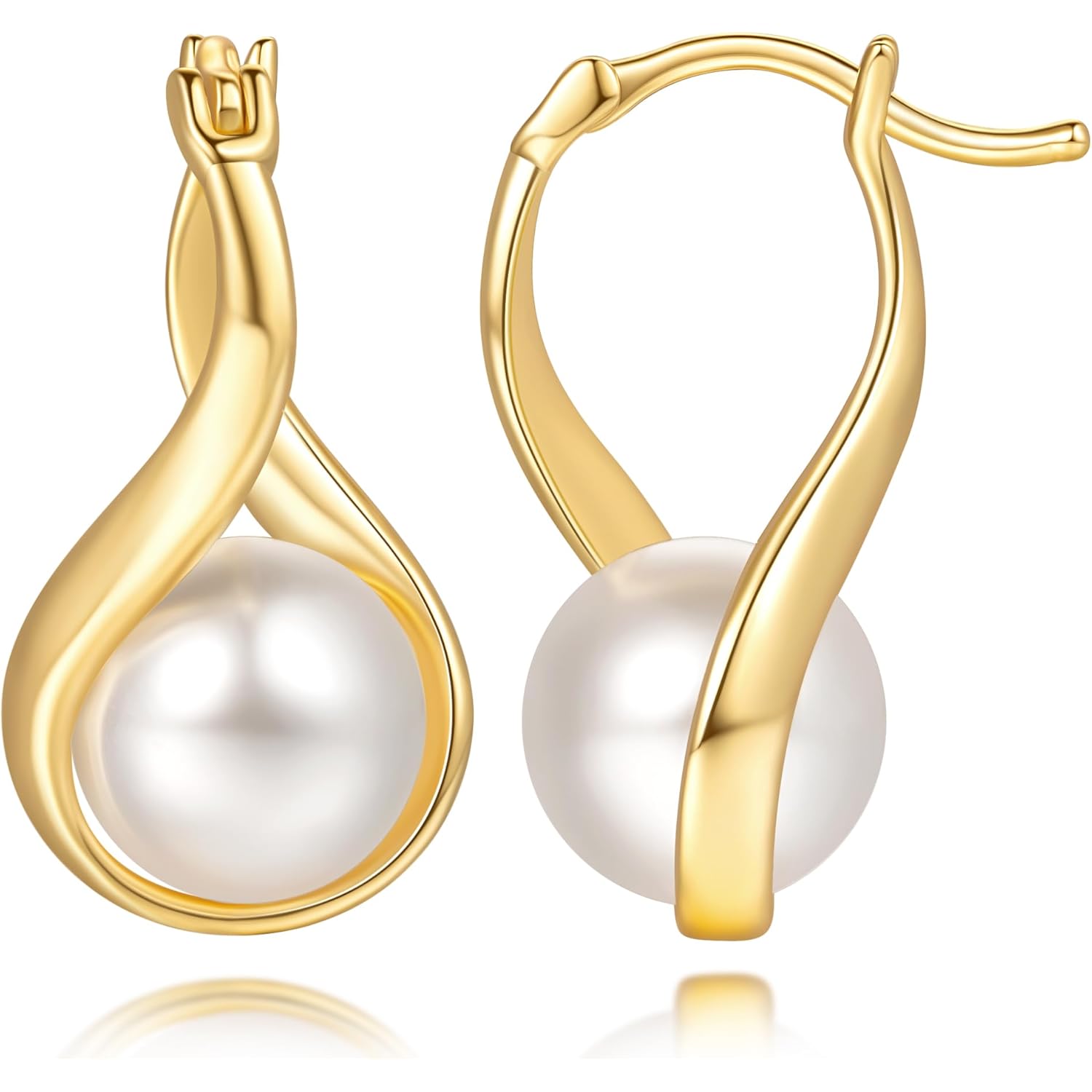 14K Gold Earrings for Women Gold Hoop Earrings Pearl Earrings for Women Hoop Solitaire Teardrop-Shaped with Twisted Lines Eye-catching Pearl Drop Dangle Hoops Earring for Womens 24mm