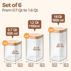 Comsaf Glass Pantry Storage Containers (0.7Qt/1.2Qt/1.6Qt) Set Of 6, Glass Storage Containers With Lids, Kitchen Food Storage Jar, Square Glass Jars For Flour Cereal Sugar Tea Coffee Beans Snacks