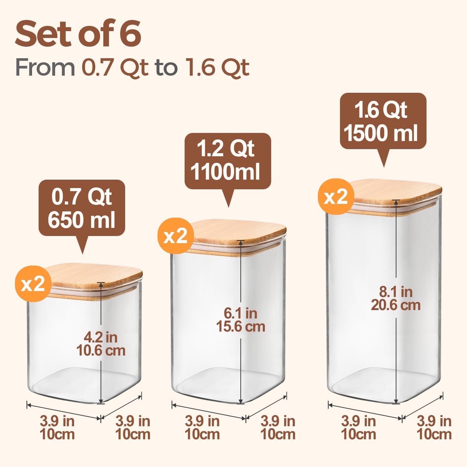 Comsaf Glass Pantry Storage Containers (0.7Qt/1.2Qt/1.6Qt) Set Of 6, Glass Storage Containers With Lids, Kitchen Food Storage Jar, Square Glass Jars For Flour Cereal Sugar Tea Coffee Beans Snacks