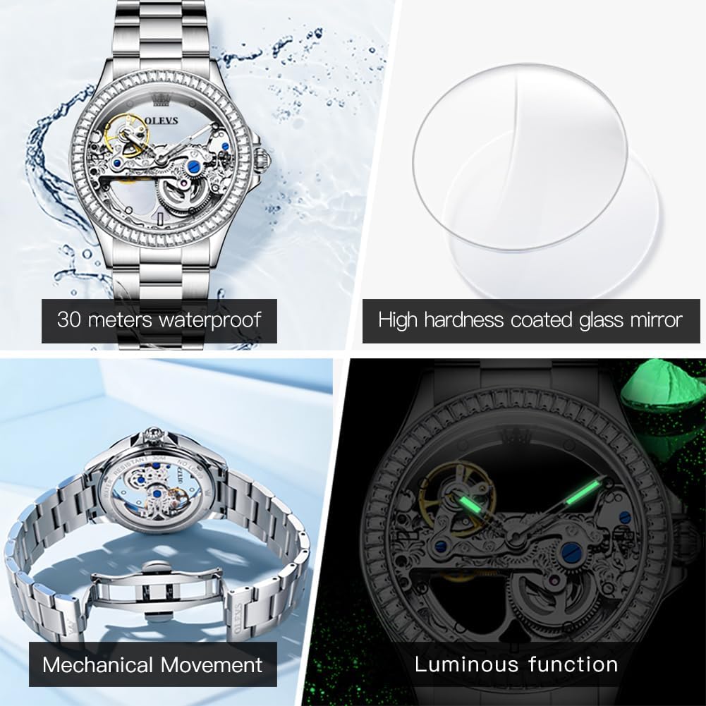Olevs Women Watch Skeleton Set Automatic Mechanical Silver Luxury Dress Waterproof Luminous Lady Watch Gift Set