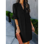 Wkior Shift Dress For Women V Neck Short Sleeves Solid Color Casual Flowy Summer Dresses(S-2Xl)
