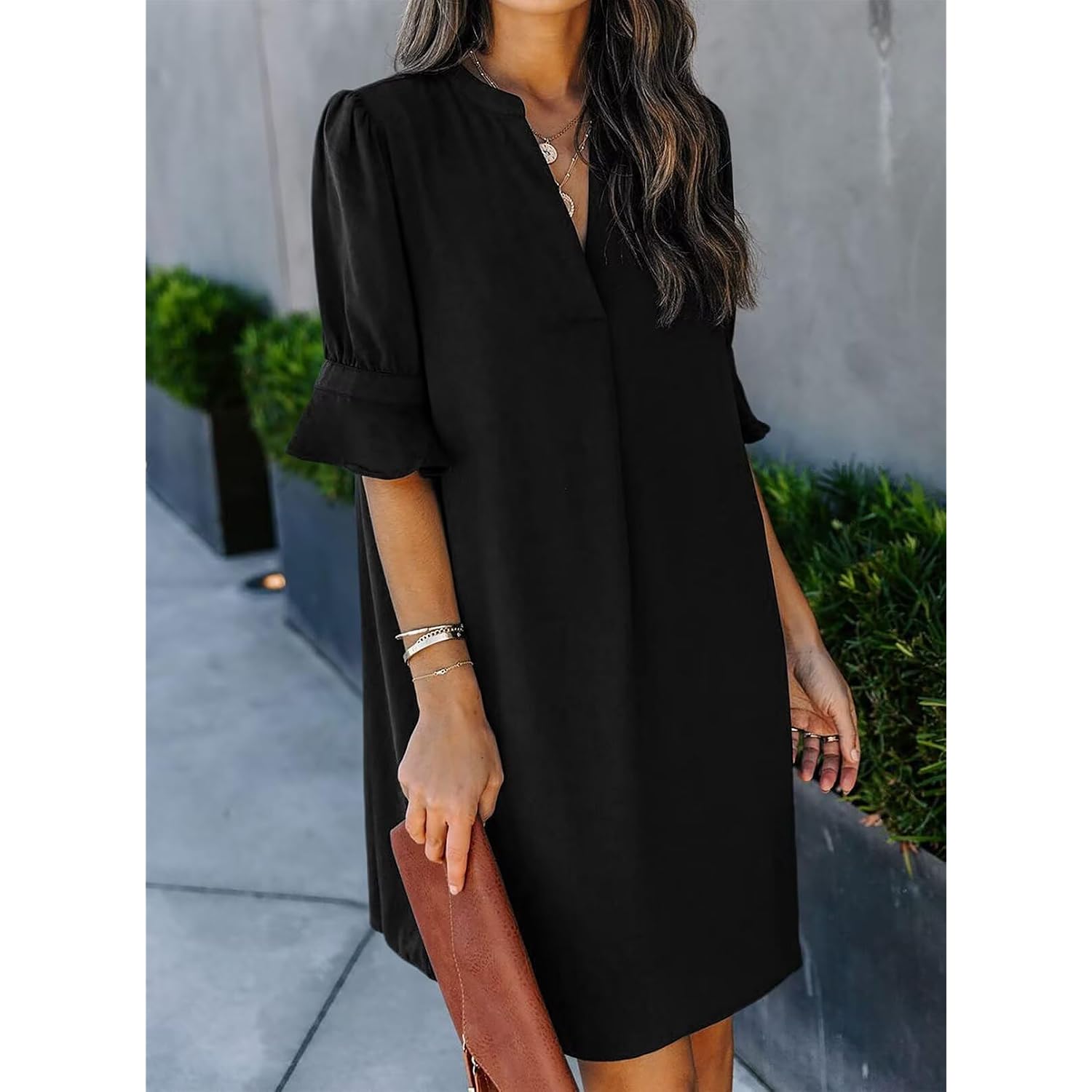 Wkior Shift Dress For Women V Neck Short Sleeves Solid Color Casual Flowy Summer Dresses(S-2Xl)