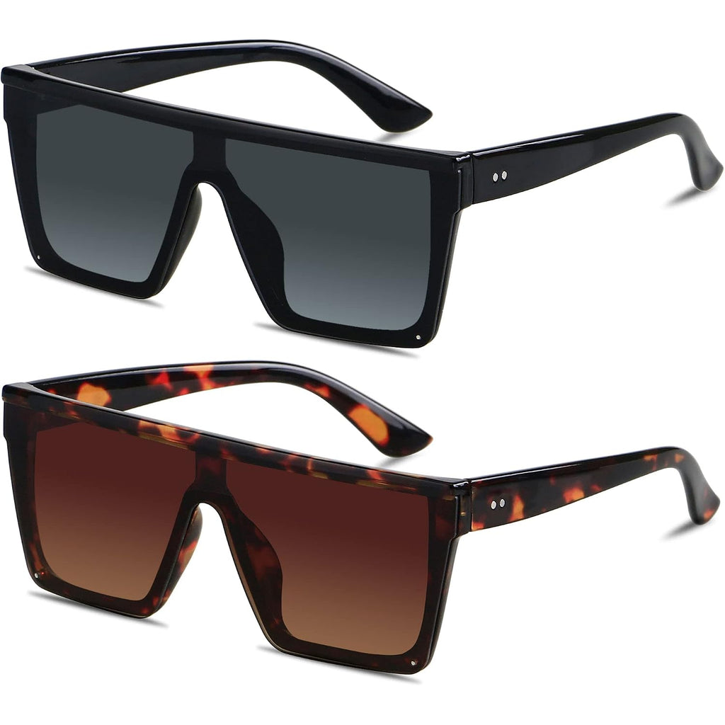 Square Oversized Sunglasses for Women Men Big Flat Top Fashion Shield Large UV Protection Rimless Shades (2packs) Glossy Black + Tortoise