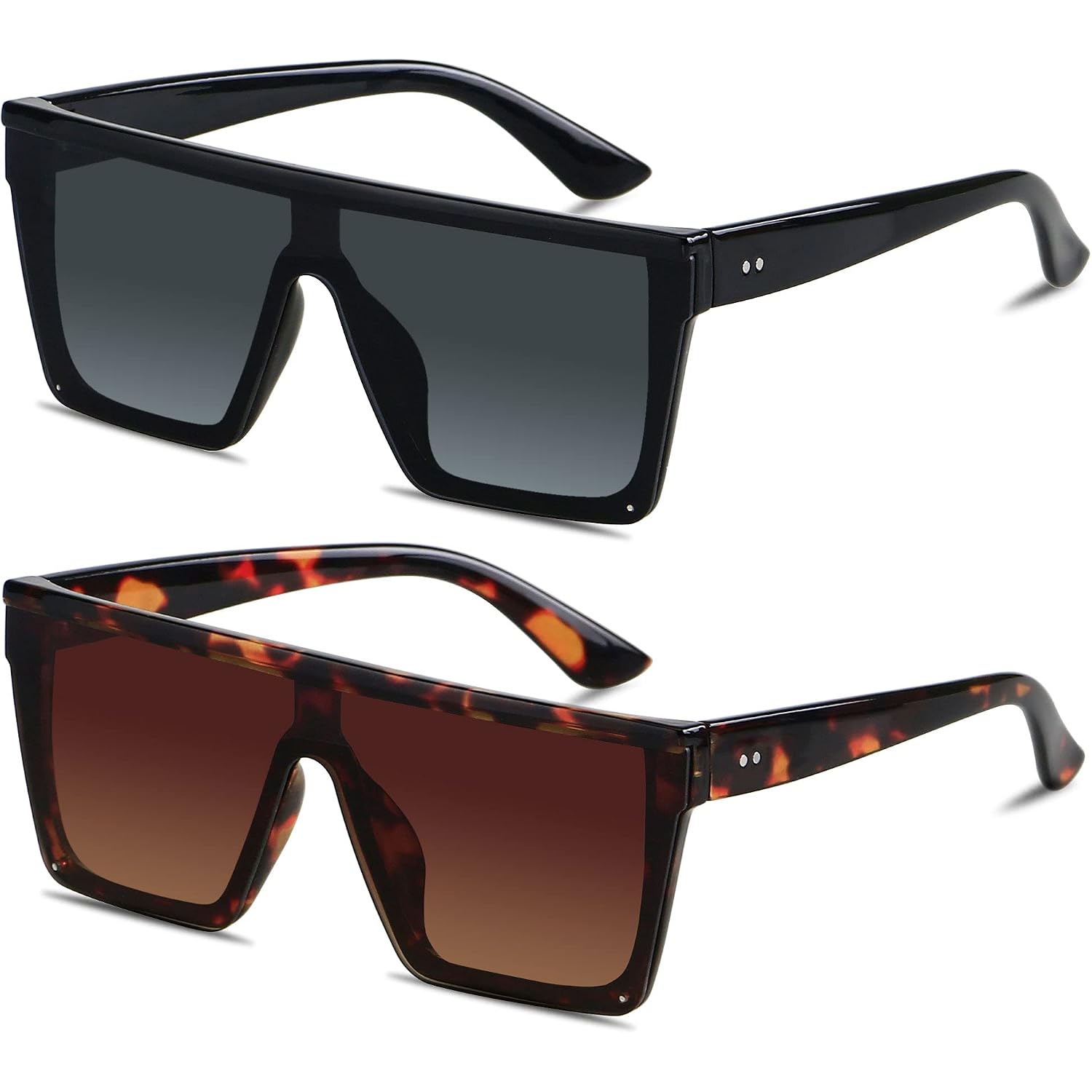 Square Oversized Sunglasses for Women Men Big Flat Top Fashion Shield Large UV Protection Rimless Shades (2packs) Glossy Black + Tortoise