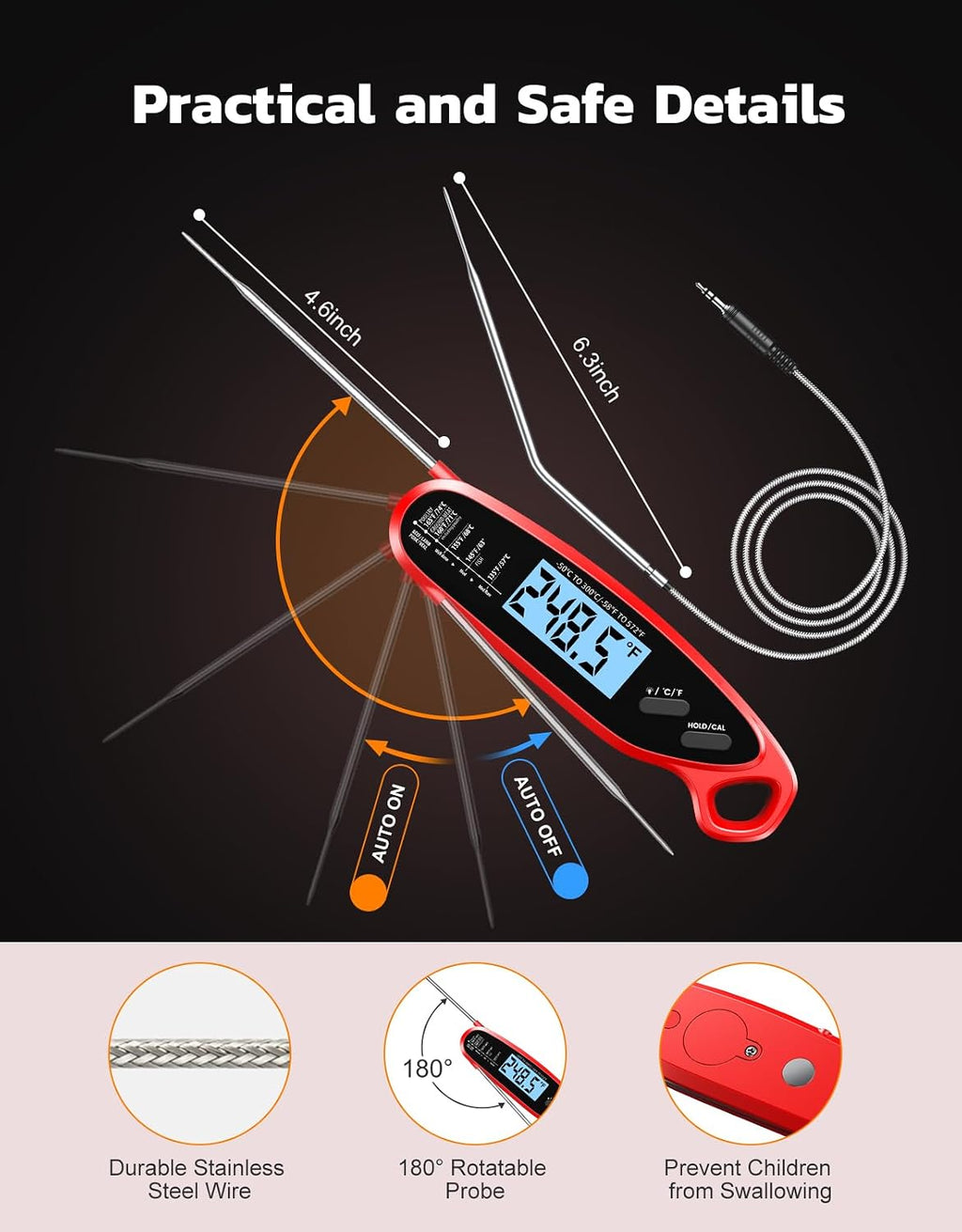 Instant Read Meat Thermometer Digital With Dual Probe, Food Thermometer For Cooking & Grilling, Large Backlit & Calibration, For Kitchen/Oven/Grill/Smoker/Bbq/Candy/Oil Fry, Gifts For Men & Dad