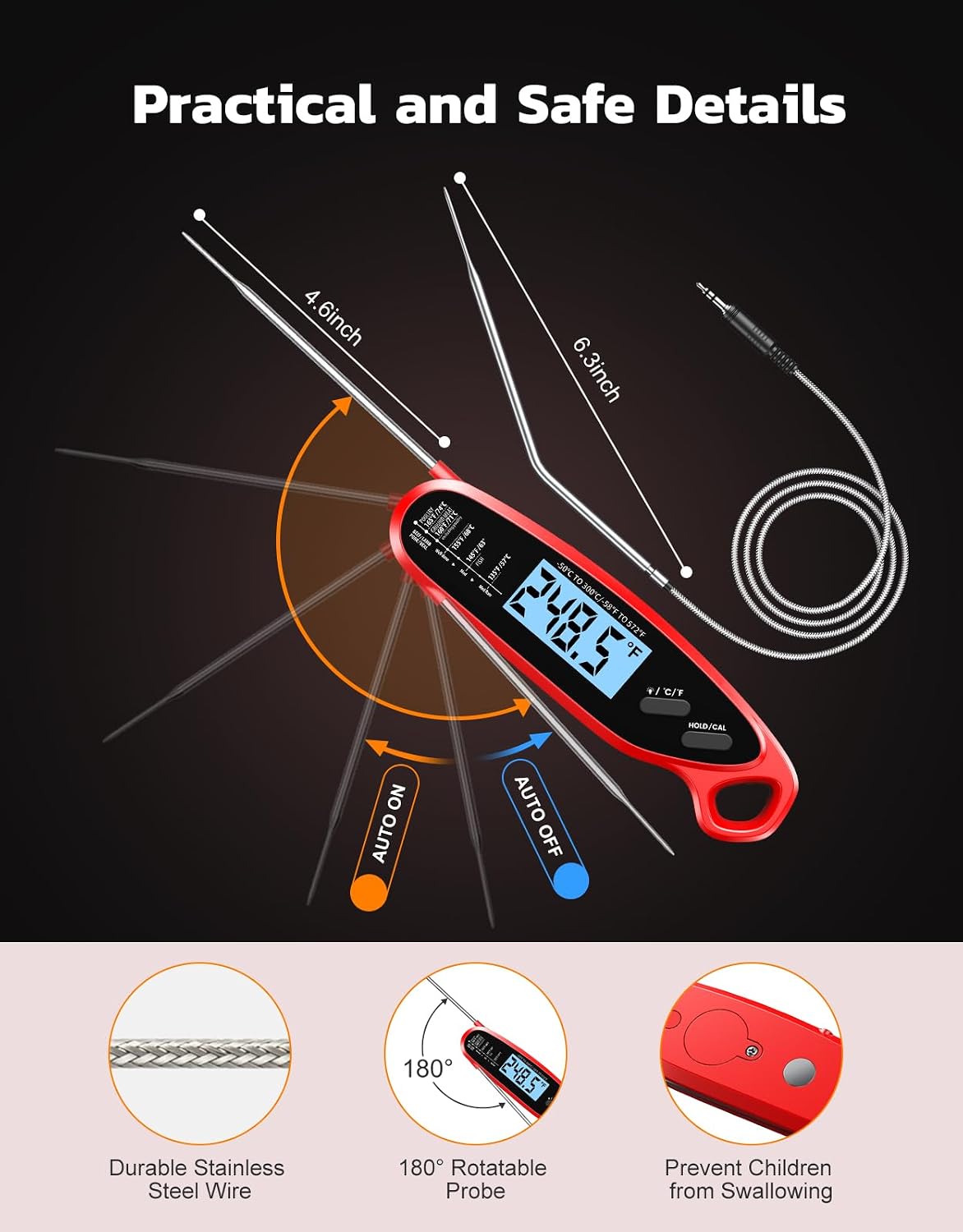 Instant Read Meat Thermometer Digital With Dual Probe, Food Thermometer For Cooking & Grilling, Large Backlit & Calibration, For Kitchen/Oven/Grill/Smoker/Bbq/Candy/Oil Fry, Gifts For Men & Dad