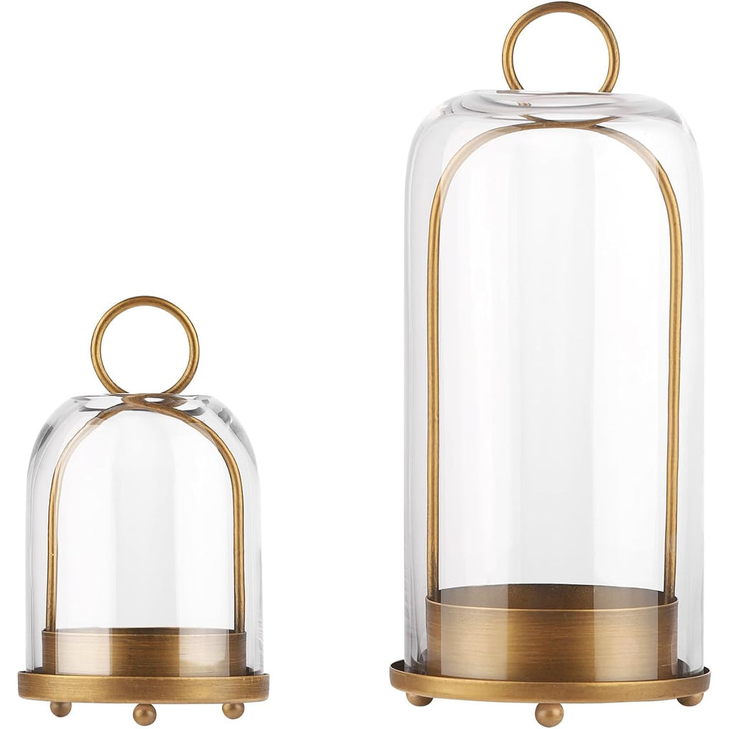 5" & 4" Wide Versatile Metal Candle Holder with Handmade Sturdy Glass Dome in Brass for Pillar Candle & Plants, 5.1" xH11.8 4" xH7.5, Industrial, Farmhouse, Shabby Chic. (2, Brass, Large & Small)