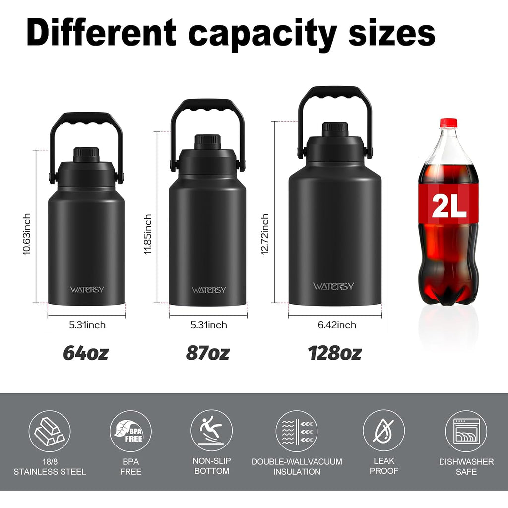 Watersy 1 Gallon Water Bottle Insulated(Cold For 48 Hrs),Bpa Free&Leak Proof,128Oz Stainless Steel Water Jug With Handle For Gym,Hiking,Camping&Travel,Black Large Thermo