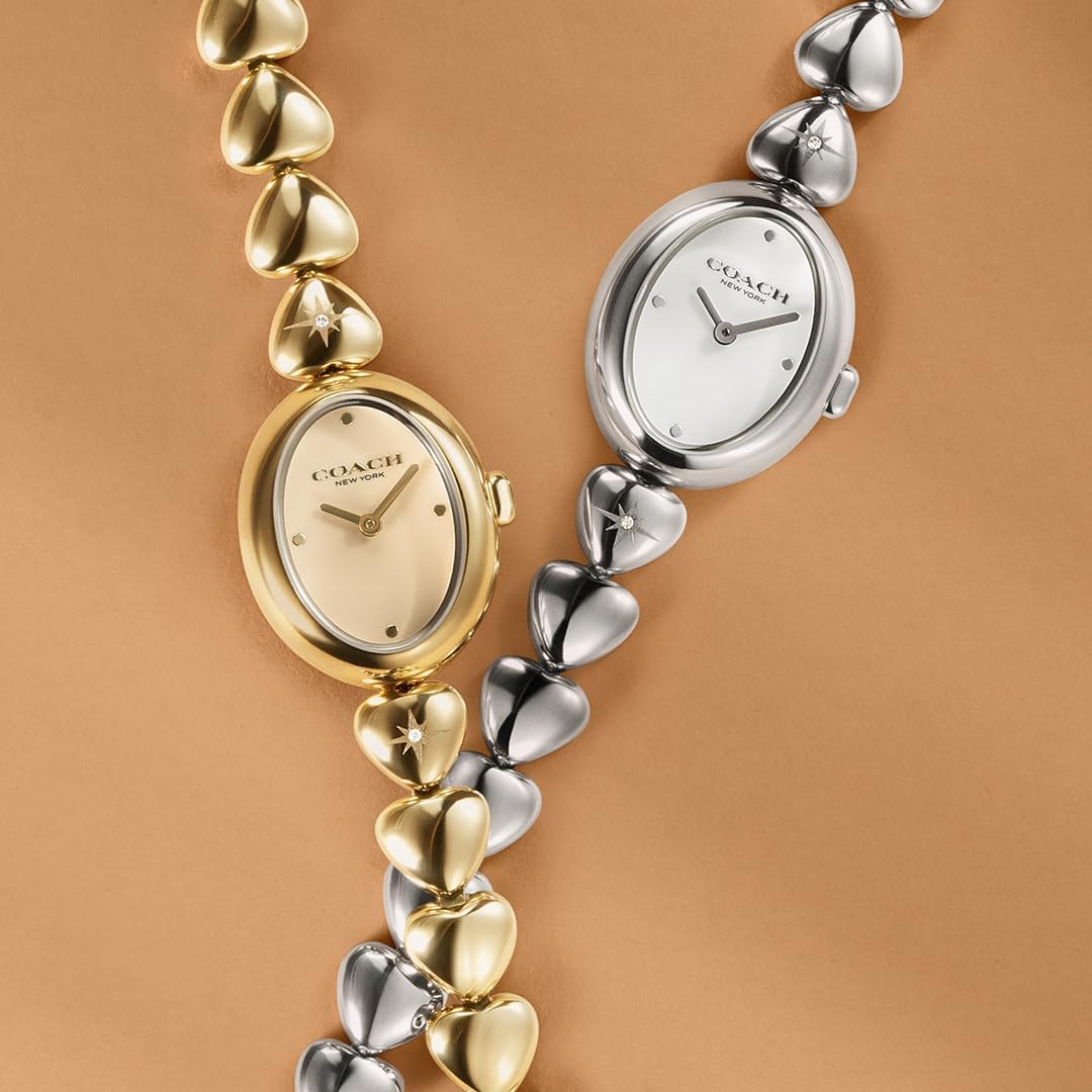 Coach Sammy Women’S Quartz Watch - Heart-Link Bracelet With Crystals, White Lacquer Dial - Modern, Versatile Timepiece - Gift For Her 22.5Mm